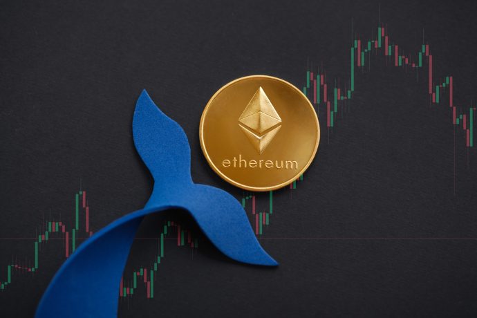 Ethereum-Münze und blauer Walschwanzausschnitt auf dunklem Hintergrund mit einem Preisdiagramm für Kryptowährungen.
