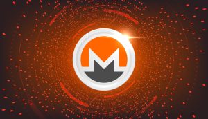 Das Logo der Kryptowährung Monero ist auf einem leuchtenden, kreisförmigen, orange-schwarzen digitalen Hintergrund mit verstreuten Punkten und einem hellen Monero-Lichteffekt oben rechts zentriert.
