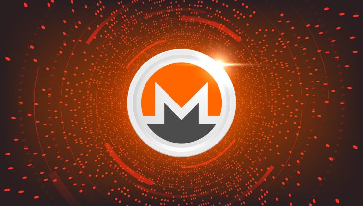 Das Logo der Kryptowährung Monero ist auf einem leuchtenden, kreisförmigen, orange-schwarzen digitalen Hintergrund mit verstreuten Punkten und einem hellen Monero-Lichteffekt oben rechts zentriert.