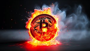 Ein metallisches Bitcoin-Symbol, umgeben von Flammen und Rauch, vor einem dunklen Hintergrund, fängt die Intensität und den Reiz von Bitcoin ein.