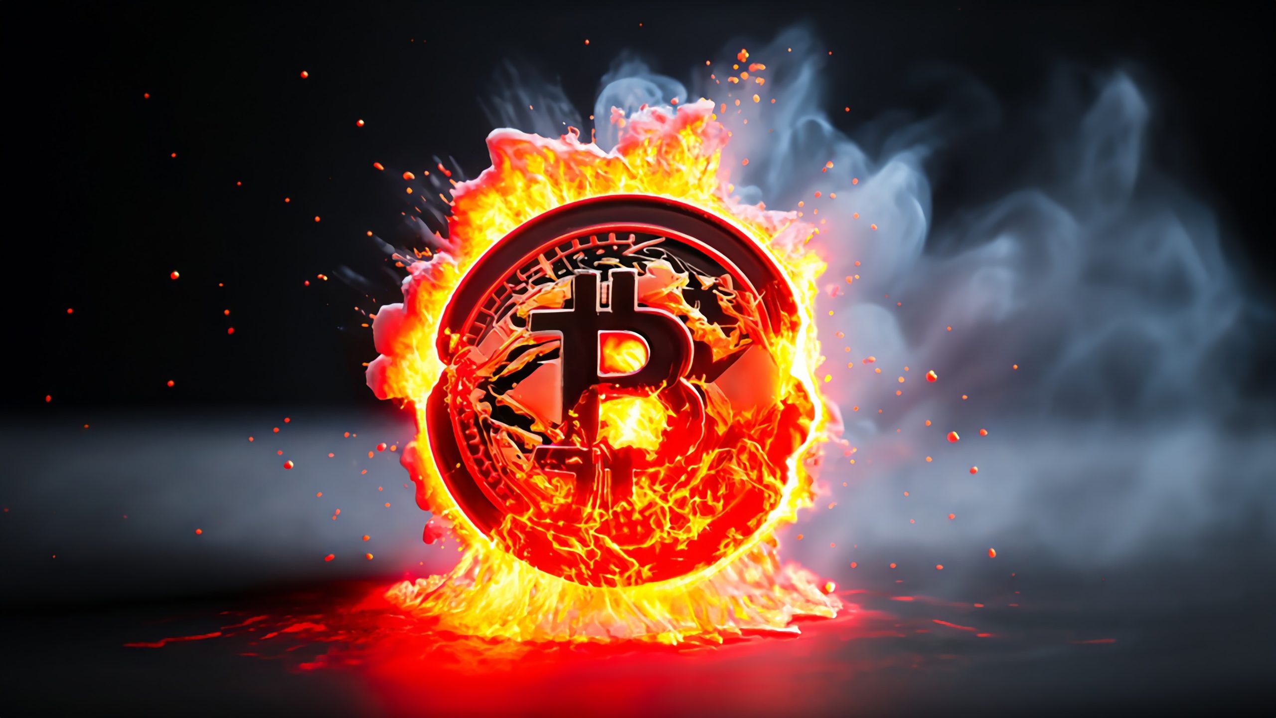 Ein metallisches Bitcoin-Symbol, umgeben von Flammen und Rauch, vor einem dunklen Hintergrund, fängt die Intensität und den Reiz von Bitcoin ein.