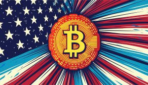 Stilisiertes Bitcoin-Symbol in der Mitte, mit strahlenden roten, weißen und blauen Linien und weißen Sternen, die der amerikanischen Flagge im Hintergrund ähneln, was dieser Krypto-Kunst eine patriotische Note verleiht.