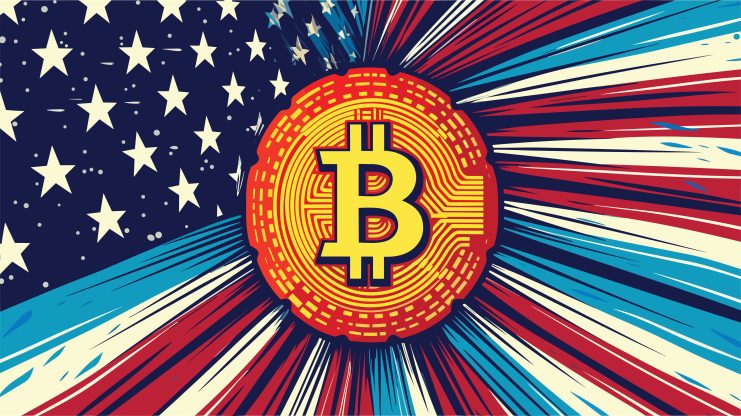 Stilisiertes Bitcoin-Symbol in der Mitte, mit strahlenden roten, weißen und blauen Linien und weißen Sternen, die der amerikanischen Flagge im Hintergrund ähneln, was dieser Krypto-Kunst eine patriotische Note verleiht.