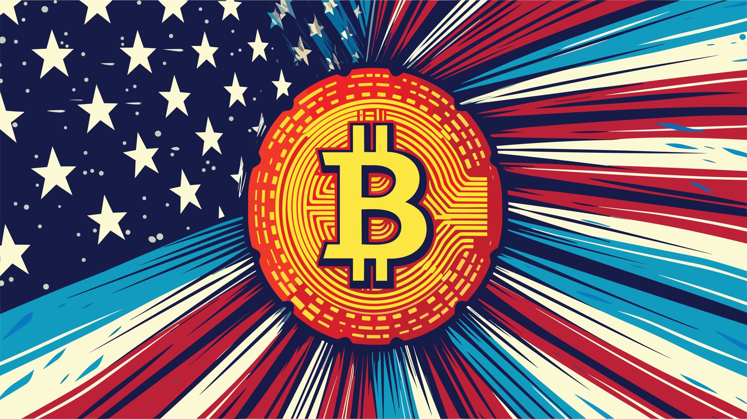Stilisiertes Bitcoin-Symbol in der Mitte, mit strahlenden roten, weißen und blauen Linien und weißen Sternen, die der amerikanischen Flagge im Hintergrund ähneln, was dieser Krypto-Kunst eine patriotische Note verleiht.