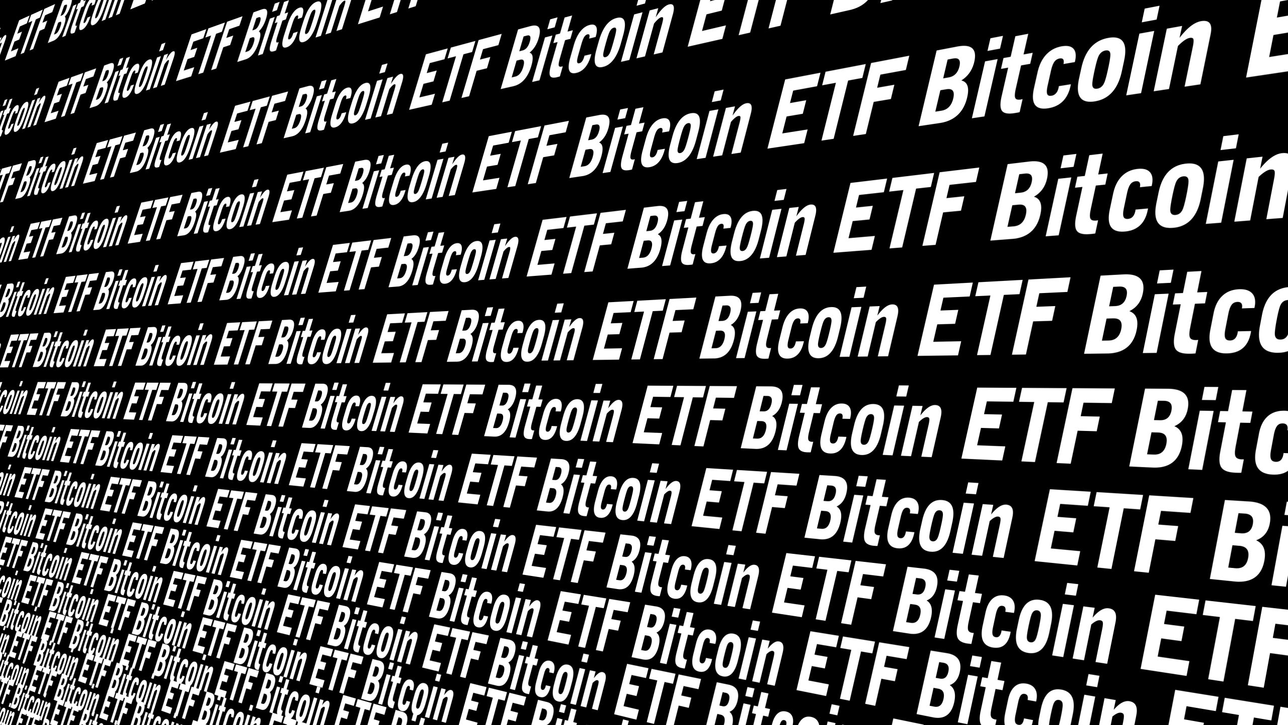 Wiederholter weißer Text auf schwarzem Hintergrund, der die Wörter Bitcoin ETF und Bitcoin in abwechselnden Reihen anzeigt.