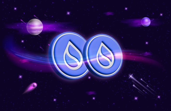 Zwei blaue digitale SUI-Münzen mit einem Wassertropfensymbol schweben vor einem violetten Weltraumhintergrund mit Sternen, Planeten und Kometen.
