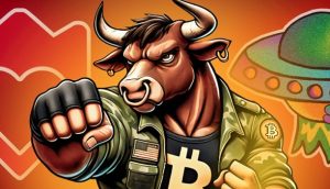 Illustration eines anthropomorphen Stiers in einem Bitcoin-Shirt und einer Tarnjacke mit einem Aufnäher mit der US-Flagge, der eine Faust ballt, umgeben von Münzen, mit einem UFO und abstrakten Formen im Hintergrund.