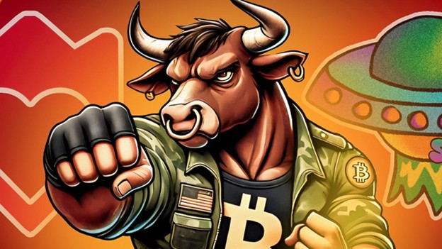 Illustration eines anthropomorphen Stiers in einem Bitcoin-Shirt und einer Tarnjacke mit einem Aufnäher mit der US-Flagge, der eine Faust ballt, umgeben von Münzen, mit einem UFO und abstrakten Formen im Hintergrund.