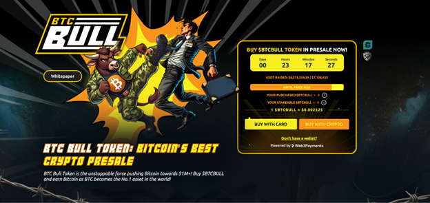 Ein Cartoon-Bulle im Anzug jagt einen Geschäftsmann, der Bitcoins und Münzen hält, und macht mit einem Countdown-Timer, Kaufoptionen und einem Whitepaper-Link Werbung für den Vorverkauf des BTC Bull Token.