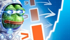 Eine digitale Illustration einer Froschfigur in futuristischer Kleidung mit Schaltkreismustern neben nach oben gerichteten Graphenpfeilen und Technologiesymbolen hebt auf blauem Hintergrund die Suche nach den besten Kryptowährungen hervor.