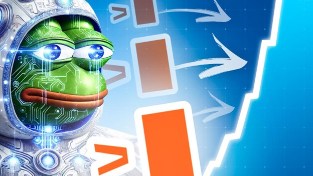 Eine digitale Illustration einer Froschfigur in futuristischer Kleidung mit Schaltkreismustern neben nach oben gerichteten Graphenpfeilen und Technologiesymbolen hebt auf blauem Hintergrund die Suche nach den besten Kryptowährungen hervor.
