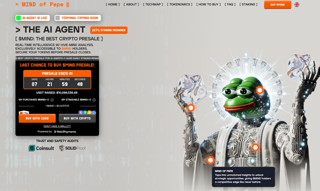Eine digitale Illustration eines KI-Roboters mit einem Pepe-der-Frosch-Gesicht, der Kristalle hält, erscheint auf der Vorverkaufsseite einer Kryptowährungs-Website mit Countdown-Timer und verschiedenen Schaltflächen mit einigen der besten Kryptowährungen.