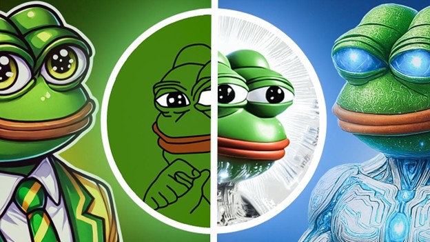Geteiltes Bild mit vier stilisierten Darstellungen einer grünen Zeichentrickfigur, einem Frosch mit großen Augen. Jede davon spiegelt einen anderen künstlerischen Stil oder ein anderes Outfit wider und fängt Pepes GEIST in kreativer Vielfalt ein.