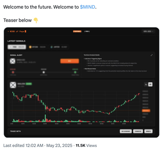 Ein Dashboard für den Handel mit Kryptowährungen zeigt ein steigendes Preisdiagramm und Signalwarnungen für $MIND von Pepe, mit Kauf- oder Tauschoptionen am unteren Rand.
