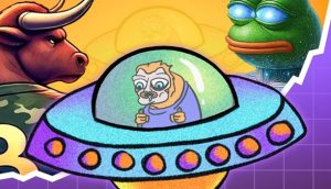 Cartoonbild mit einem Stier, einem Frosch und einem Hund in einem UFO mit SOLX-Branding vor einem gelb-violetten Hintergrund mit einer Graphenlinie.