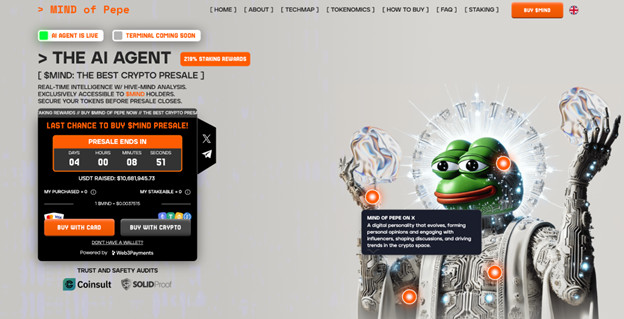 Eine digitale Schnittstelle zeigt einen Roboterfroschcharakter mit KI-Elementen, SOLX- und Krypto-Kaufoptionen, einen Vorverkaufs-Countdown und Informationen zum $MINO-Token.
