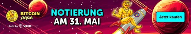 Banner für die Notierung von Bitcoin Pepe am 31. Mai. Es zeigt einen muskulösen Cartoon-Frosch, der auf einer Rakete im Weltraum reitet, mit der Aufschrift „Jetzt kaufen“ auf einem blauen Button. Verpassen Sie nicht den Start von Bitcoin Pepe!.