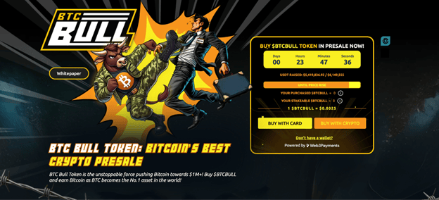 Ein Comic-Bulle mit Bitcoin-Logo und Münzen greift einen Geschäftsmann an. Der Text bewirbt den BTC Bull Token als den besten Bitcoin-Krypto-Vorverkauf mit Countdown-Timer und Kaufoptionen.