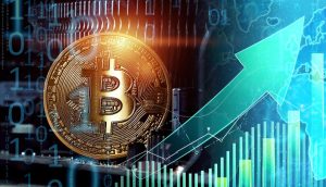 Eine Bitcoin-Münze mit digitalen Grafiken, einem steigenden Pfeil, einem Balkendiagramm und einer Weltkarte, die das Wachstum von BTC und den steigenden globalen Wert symbolisiert – perfekt für jeden Bitcoin-Experten, der Kryptowährungstrends verfolgt.