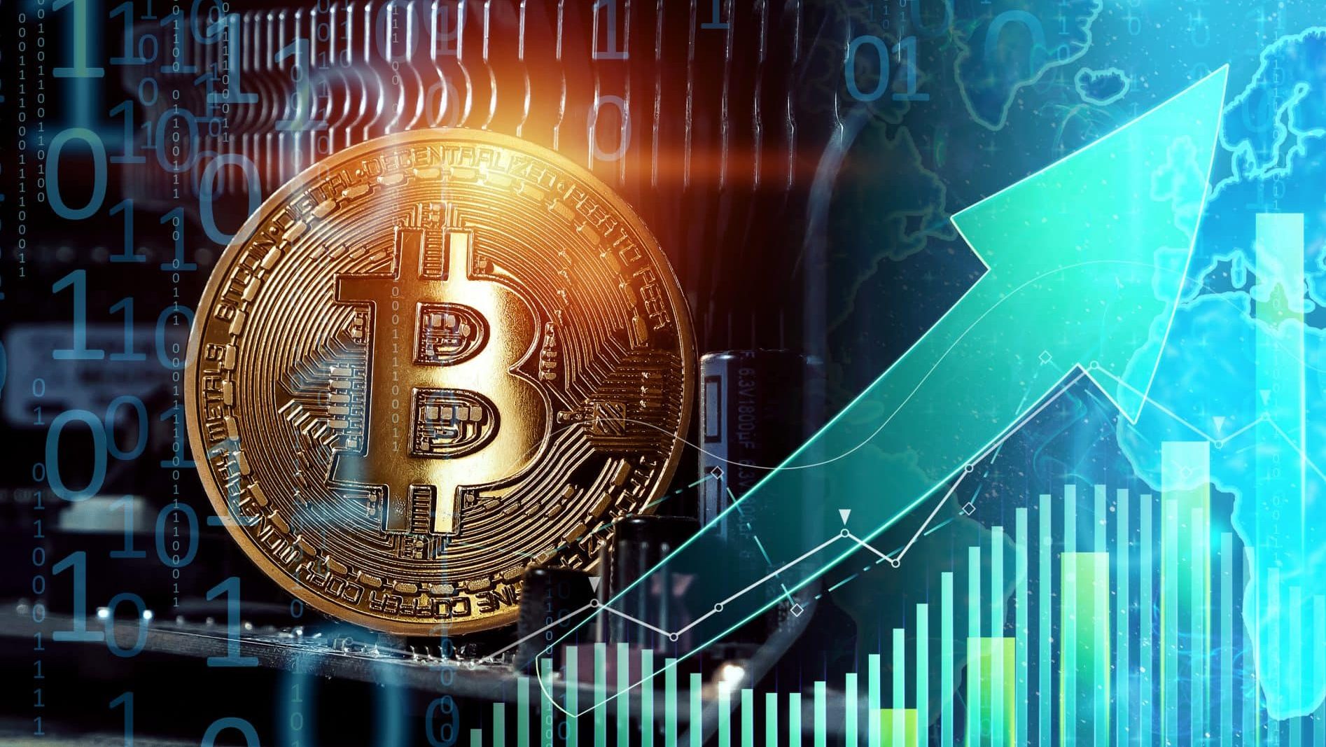 Eine Bitcoin-Münze mit digitalen Grafiken, einem steigenden Pfeil, einem Balkendiagramm und einer Weltkarte, die das Wachstum von BTC und den steigenden globalen Wert symbolisiert – perfekt für jeden Bitcoin-Experten, der Kryptowährungstrends verfolgt.