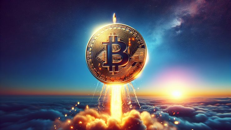 Dargestellt ist ein leuchtender Bitcoin, der in den Himmel über den Wolken schießt, wobei helle Lichtspuren und ein dramatischer Sonnenaufgang oder Sonnenuntergang die Szene erhellen.