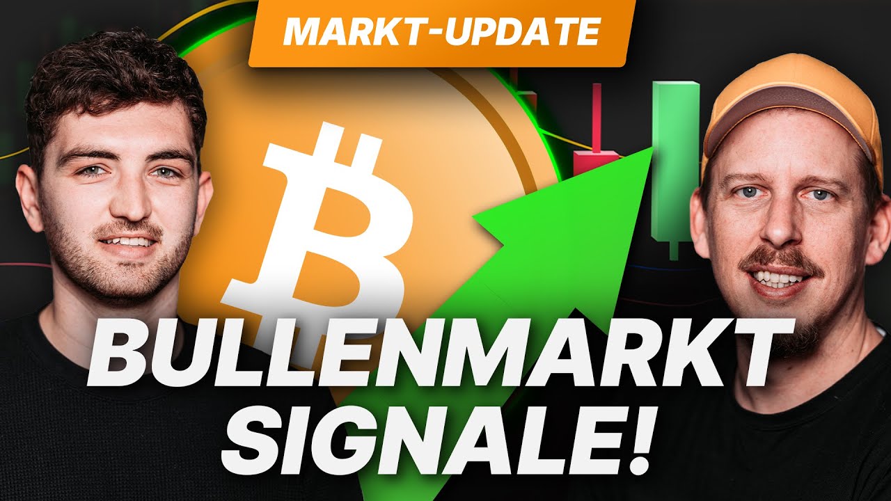 Auf beiden Seiten eines großen Bitcoin-Symbols erscheinen zwei Männer mit einem grünen Aufwärtspfeil und Kerzendiagrammen im Hintergrund. Der Text lautet: Bullenmarkt Signale! Markt-Update. Jetzt im Livestream über Kryptowährungen und Bitcoin informieren!.