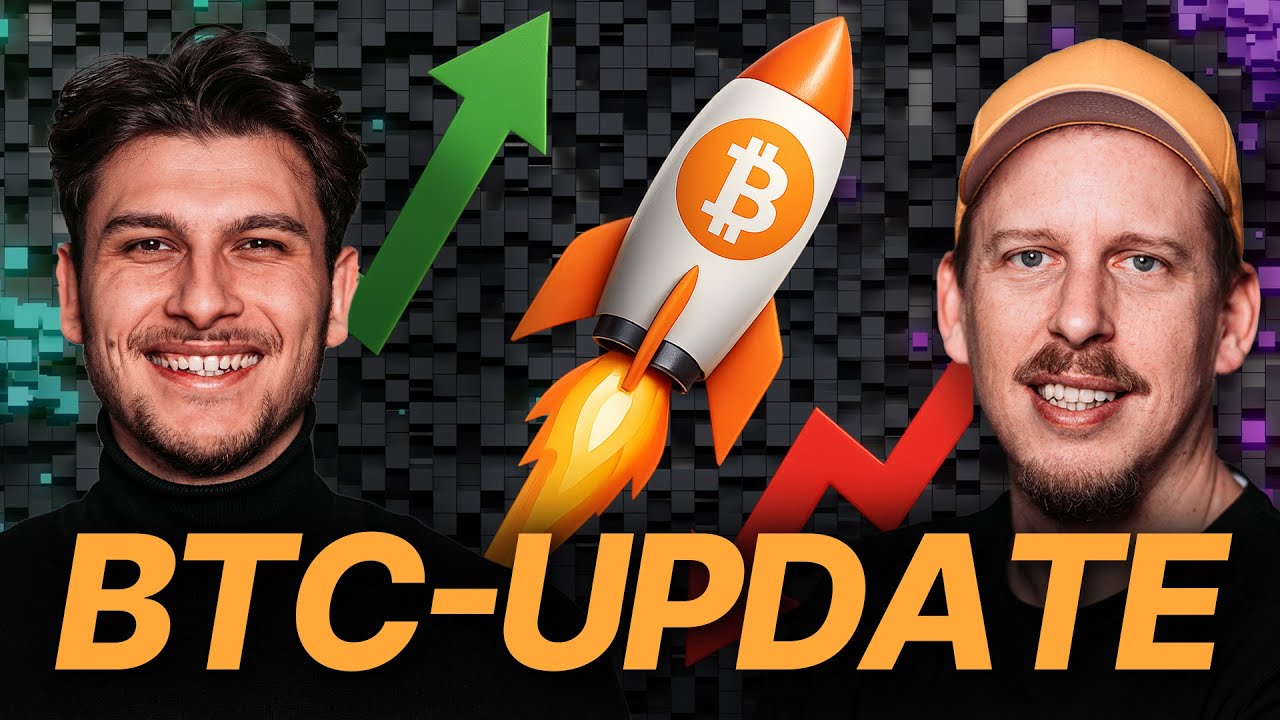 Zwei lächelnde Männer mit einer Rakete mit dem Bitcoin-Logo dazwischen, Aufwärtspfeilen und dem unten angezeigten Text BTC-UPDATE – wie ein automatisch gespeicherter Entwurf für den nächsten großen Krypto-Erfolg.