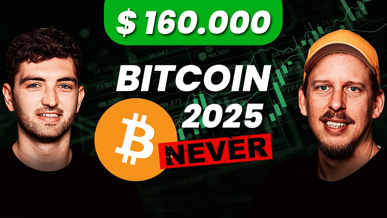 Zwei Männer mit einem Bitcoin-Logo, einem grünen Aufwärtsdiagramm und dem fettgedruckten Text „160.000 US-Dollar BITCOIN 2025“ diskutieren NIEMALS darüber, ob Bitcoin bis 2025 wirklich 160.000 US-Dollar erreichen kann.