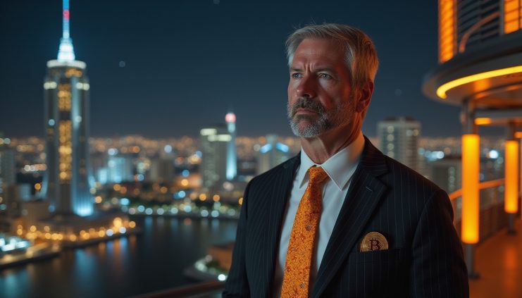 Bitcoin-Permabulle Michael Saylor mit eine orangen Krawatte vor einer Skyline