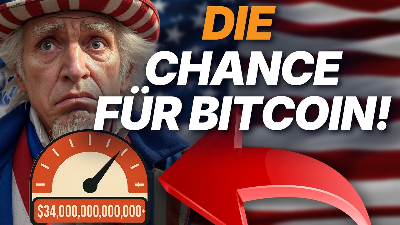 Uncle Sam sieht besorgt aus und steht neben einer US-Flagge mit dem deutschen Text „Die Chance für Bitcoin!“, einer Anzeige von 34 Billionen US-Dollar an US-Schulden und einem großen roten Pfeil, der verdeutlicht, wie manche vom Schuldenchaos profitieren könnten.