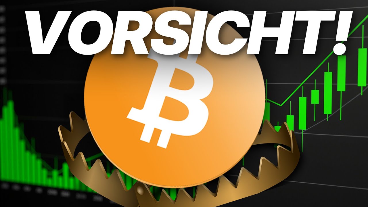 Ein Bitcoin-Symbol sitzt in einer Bärenfalle mit einem steigenden Aktienkurs im Hintergrund und dem Wort VORSICHT! in fetten weißen Buchstaben oben, ein Hinweis auf Bullen, aber Warnung: Wann kommt der Markt zurück?.