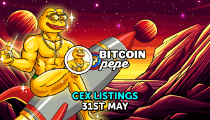 Karikatur eines muskulösen Bitcoin-Pepe-Frosches mit Sonnenbrille und Goldketten, der in einer farbenfrohen Weltraumszene auf einer Rakete reitet. Der Text lautet: „BITCOIN pepe CEX LISTINGS 31. MAI.“.