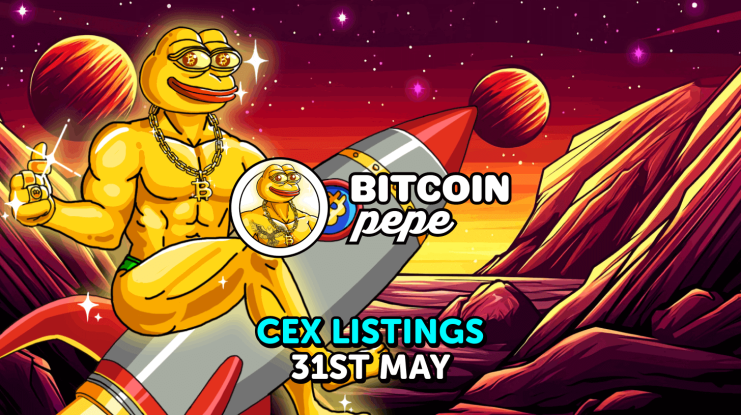 Karikatur eines muskulösen Bitcoin-Pepe-Frosches mit Sonnenbrille und Goldketten, der in einer farbenfrohen Weltraumszene auf einer Rakete reitet. Der Text lautet: „BITCOIN pepe CEX LISTINGS 31. MAI.“.