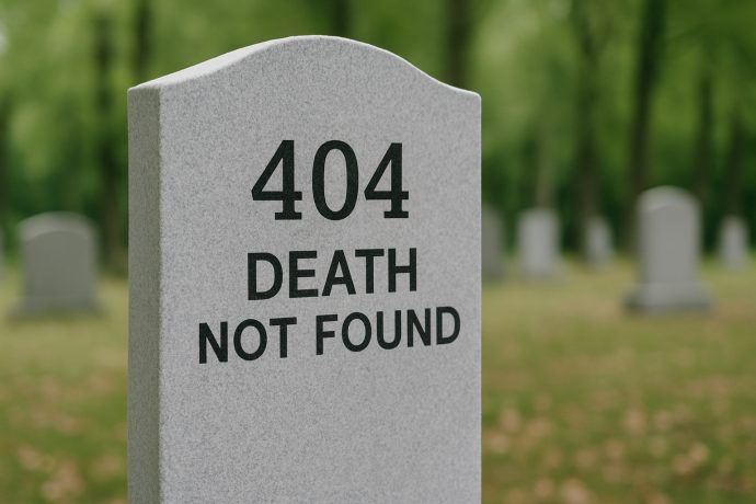 Ein grauer Grabstein mit der Inschrift „404 DEATH NOT FOUND“, umgeben von anderen Grabsteinen auf einem grasbewachsenen, baumbestandenen Friedhof, spiegelt den spielerischen Geist einer Memecoin-Hommage wider.