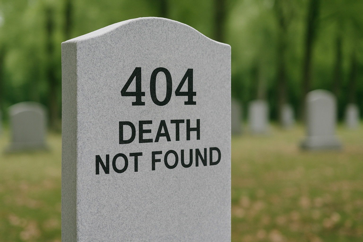 Ein grauer Grabstein mit der Inschrift „404 DEATH NOT FOUND“, umgeben von anderen Grabsteinen auf einem grasbewachsenen, baumbestandenen Friedhof, spiegelt den spielerischen Geist einer Memecoin-Hommage wider.