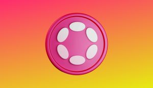 Ein rosafarbenes kreisförmiges Symbol mit sechs ringförmig angeordneten weißen ovalen Formen, inspiriert vom Polkadot-Design, auf einem Hintergrund mit Farbverlauf von rosa nach gelb.