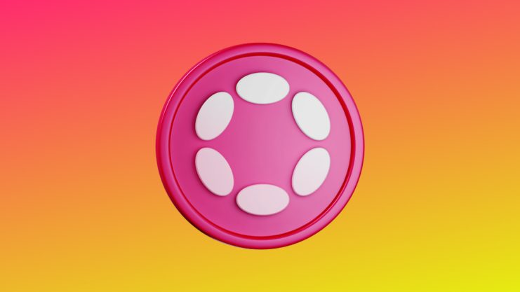 Ein rosafarbenes kreisförmiges Symbol mit sechs ringförmig angeordneten weißen ovalen Formen, inspiriert vom Polkadot-Design, auf einem Hintergrund mit Farbverlauf von rosa nach gelb.