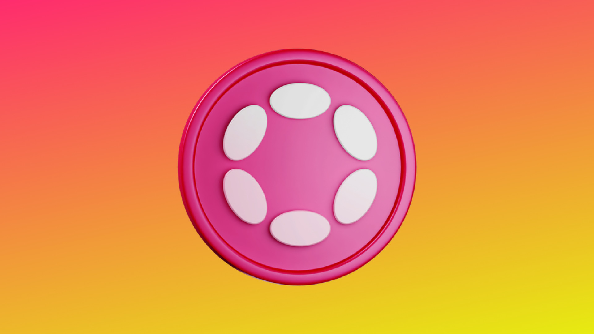 Ein rosafarbenes kreisförmiges Symbol mit sechs ringförmig angeordneten weißen ovalen Formen, inspiriert vom Polkadot-Design, auf einem Hintergrund mit Farbverlauf von rosa nach gelb.