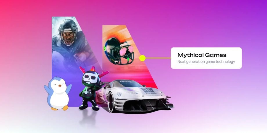 Eine Collage mit einem Footballspieler, einem Helm, animierten Figuren und einem Rennauto, mit dem Text „Mythical Games – Spieltechnologie der nächsten Generation“ auf einem von Polkadots inspirierten Farbverlaufshintergrund.