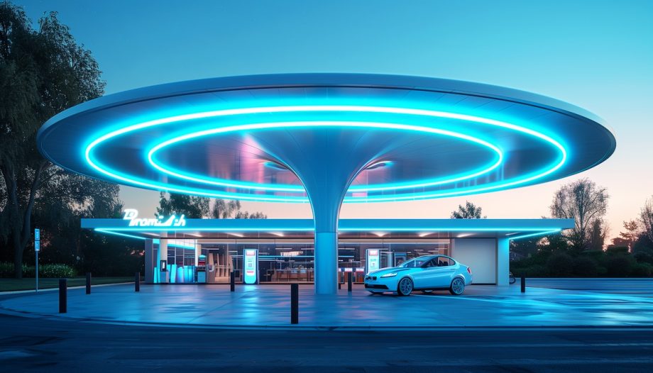 Eine moderne Ladestation für Elektrofahrzeuge mit einem futuristischen, runden, blau beleuchteten Dach weist von Polkadots inspirierte Designelemente auf; ein weißes Auto ist geparkt und wird aufgeladen.