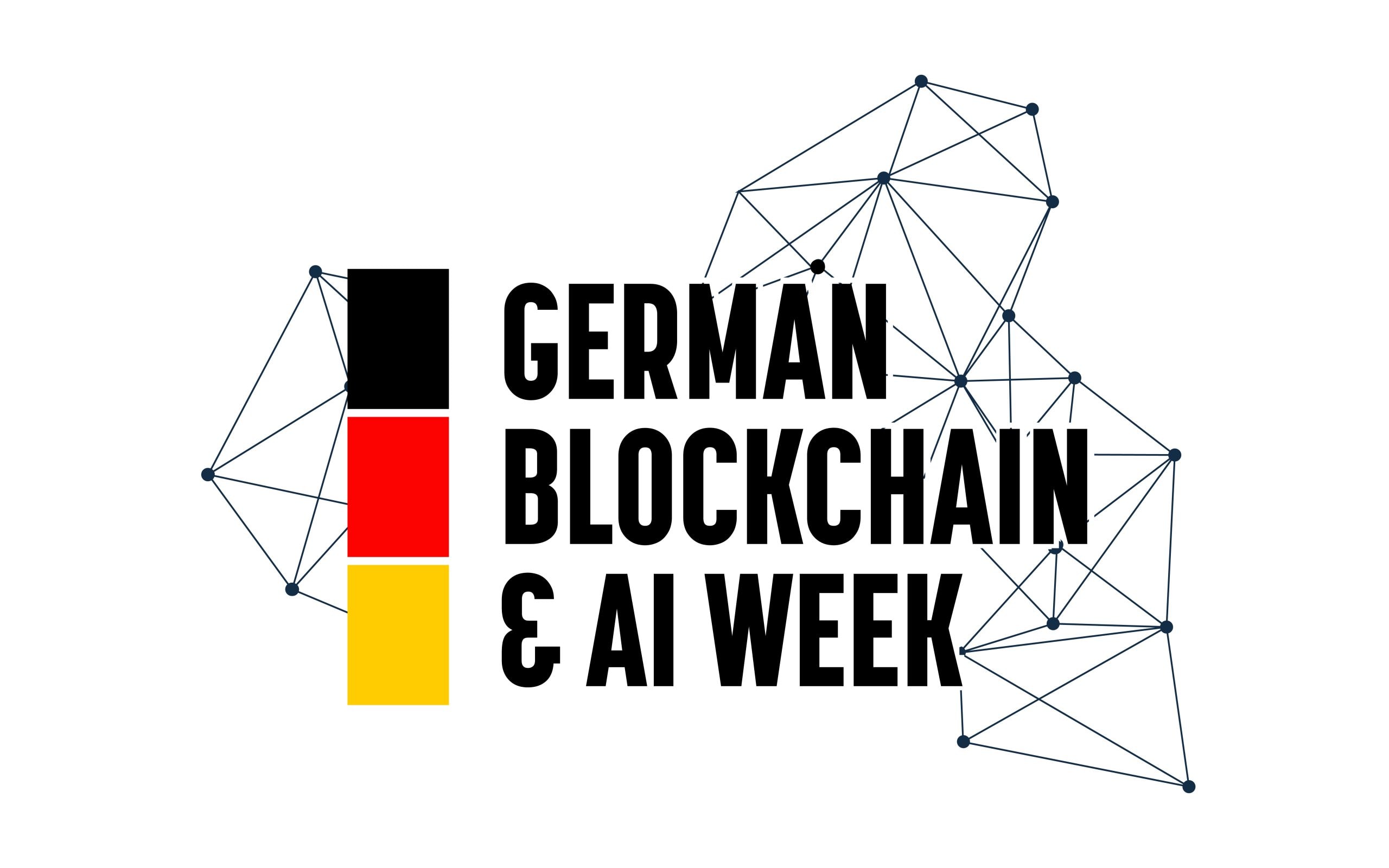 Logo für die German Blockchain & AI Week mit den Farben der deutschen Flagge und geometrischen Netzwerklinien, die Konnektivität und Technologie suggerieren.