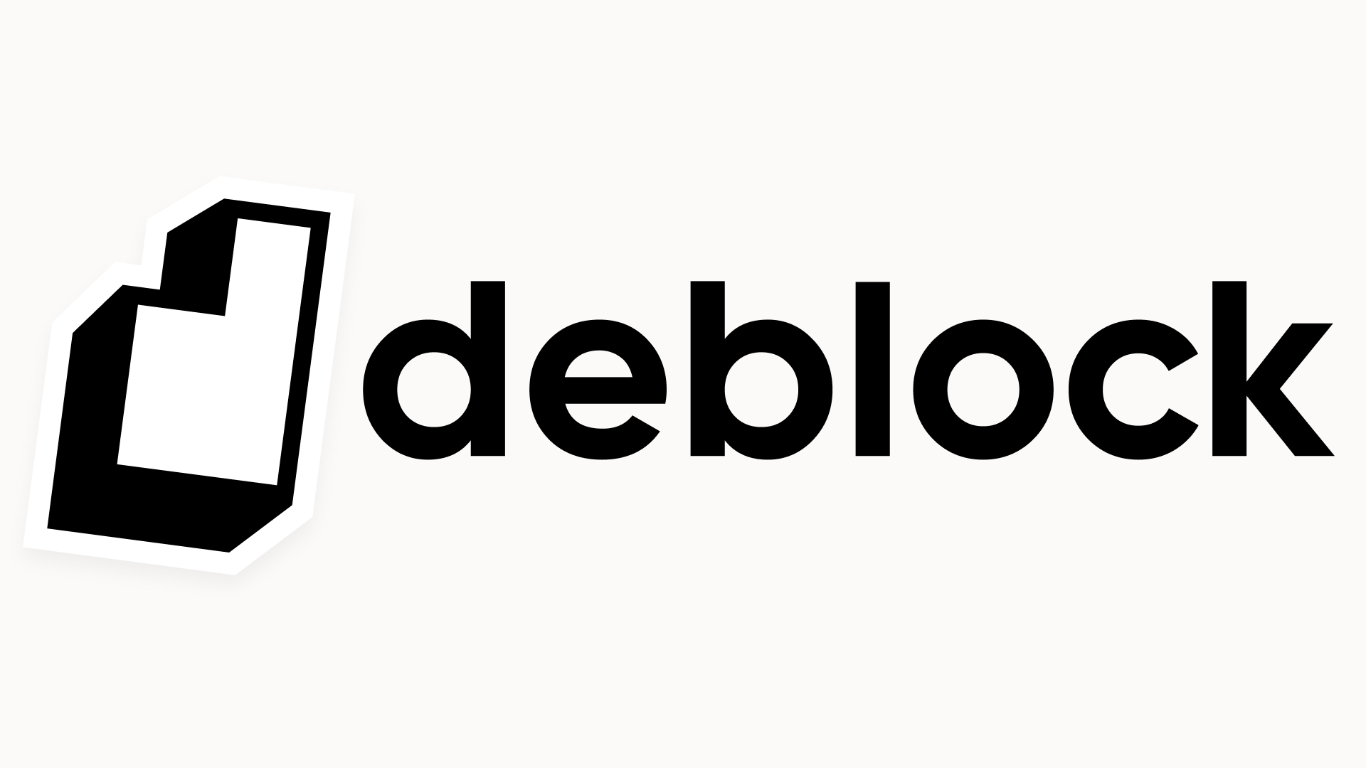 Das Bild zeigt ein schwarzes geometrisches Logo, das einer Hand ähnelt, neben dem Wort „Deblock“ in fettem, schwarzem Kleinschrifttext auf weißem Hintergrund und deutet auf eine innovative App zur Verwaltung Ihres Girokontos oder Krypto-Wallets hin.