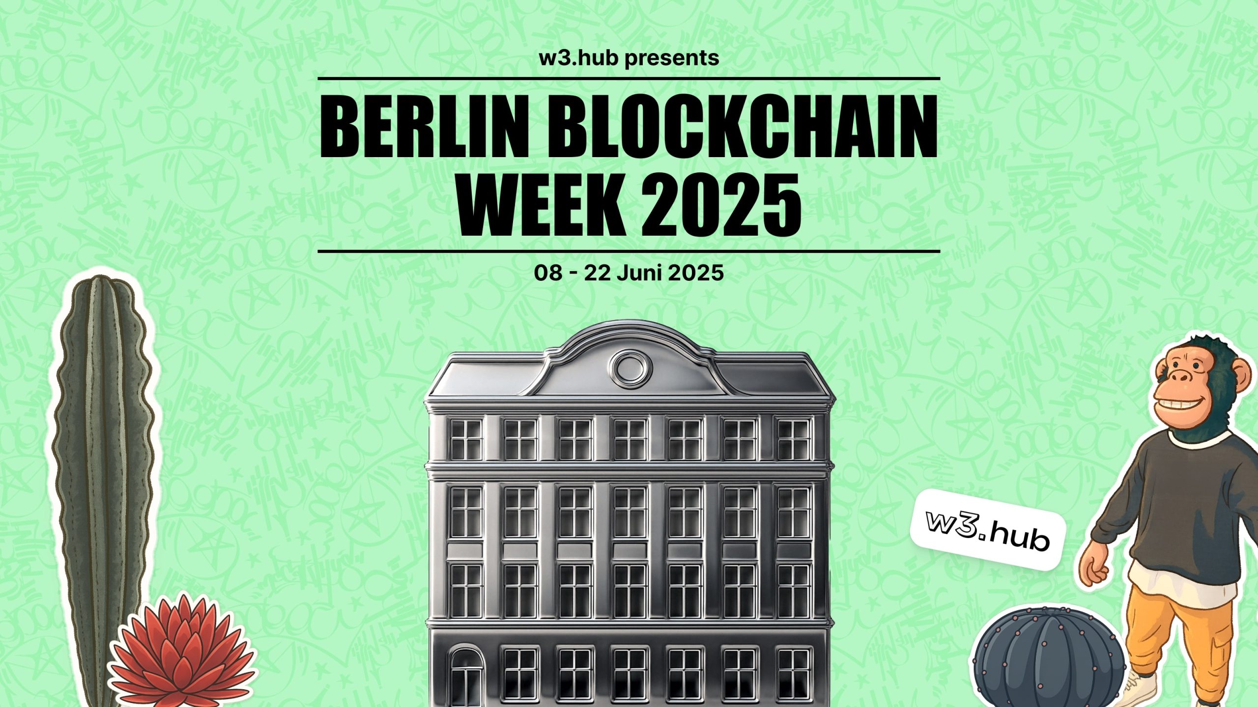Veranstaltungsplakat für die „Berlin Blockchain Week 2025“, die vom 8. bis 22. Juni 2025 stattfindet, mit einem Gebäude in Graustufen, einem Kaktus, einer Blume und Comic-Tieren auf einem grün gemusterten Hintergrund.
