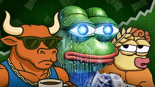 Zeichentrickfiguren wie Stier, Cyborg-Frosch und Schaf mit Geld, Kryptosymbolen und einem Börsenchart-Hintergrund, die Finanz- und Anlagethemen symbolisieren.