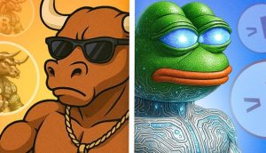 Geteiltes Bild mit einem Cartoon-Bullen mit Sonnenbrille und Goldkette auf der linken Seite und einem futuristischen Pepe dem Frosch mit leuchtenden Augen und schaltkreisförmiger Haut auf der rechten Seite – fängt die wilde Energie von Memecoins perfekt ein.