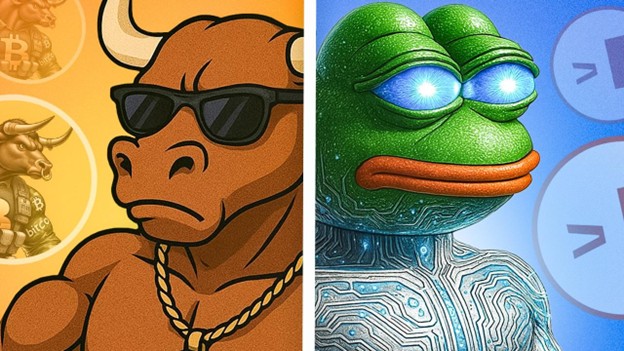Geteiltes Bild mit einem Cartoon-Bullen mit Sonnenbrille und Goldkette auf der linken Seite und einem futuristischen Pepe dem Frosch mit leuchtenden Augen und schaltkreisförmiger Haut auf der rechten Seite – fängt die wilde Energie von Memecoins perfekt ein.