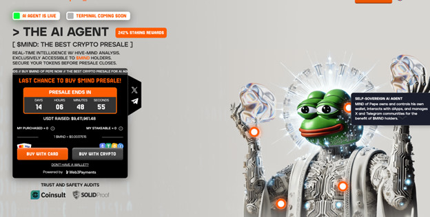 Screenshot einer Vorverkaufs-Webseite für die Kryptowährung $MIND mit einem Roboter-Pepe dem Frosch und Memecoin-Details, einschließlich eines Vorverkaufs-Countdowns und Kaufoptionen.