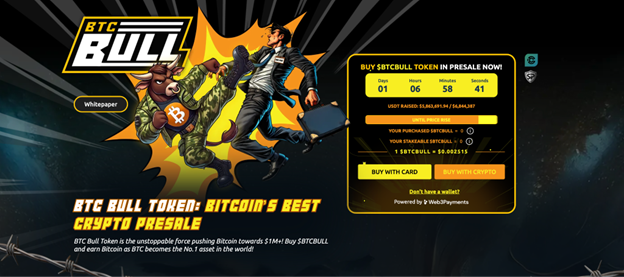 Ein Geschäftsmann rennt mit einem BTC-Medaillon vor einem muskulösen Bullen davon und fängt damit den wilden Geist der Memecoins ein; ein Werbetext und ein Countdown-Timer machen Werbung für den Krypto-Vorverkauf des BTC Bull Token.