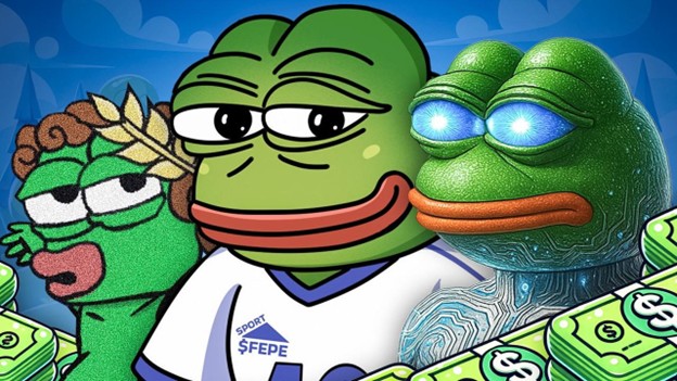 Drei Cartoon-Frösche mit unterschiedlichen Ausdrücken und Stilen stehen Seite an Seite, umgeben von Geldstapeln und einem blauen, wolkigen Hintergrund, und fangen den verspielten Geist von SOLX ein.