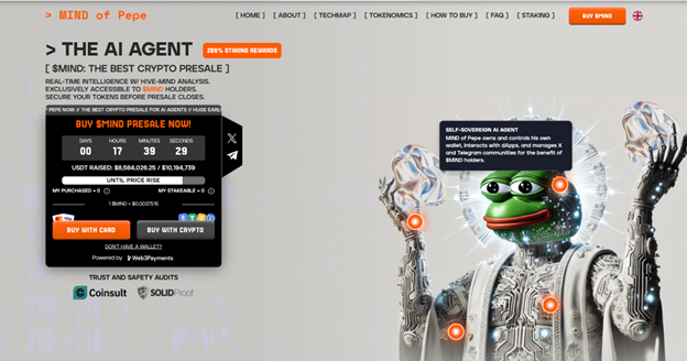 Screenshot einer Website, die für MIND OF Pepe wirbt, einen KI-Krypto-Vorverkauf auf SOLX, der digitale Kunstwerke von Pepe dem Frosch als Roboter mit leuchtenden Kugeln und verschiedenen Vorverkaufsoptionen zeigt.